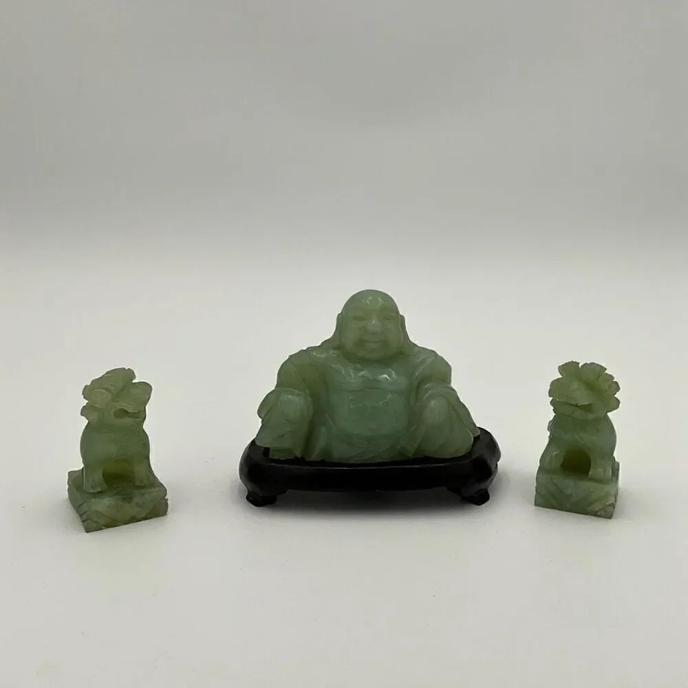 VINTAGE Handcarved Jade Buddha and Foo Dog Lion Statues